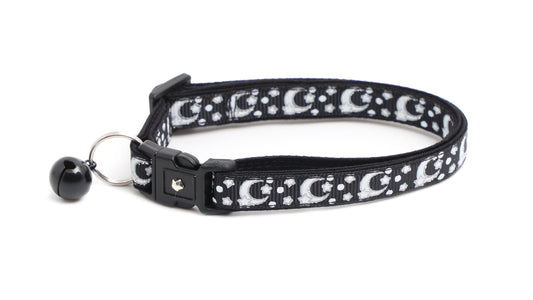 Silver Moons and Stars on Black Cat Collar