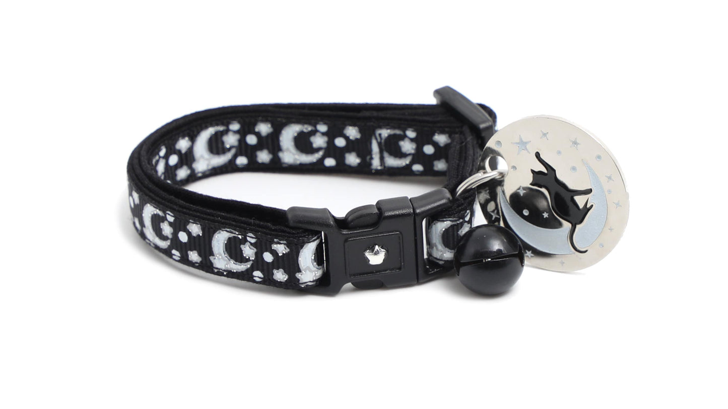 Silver Moons and Stars on Black Cat Collar