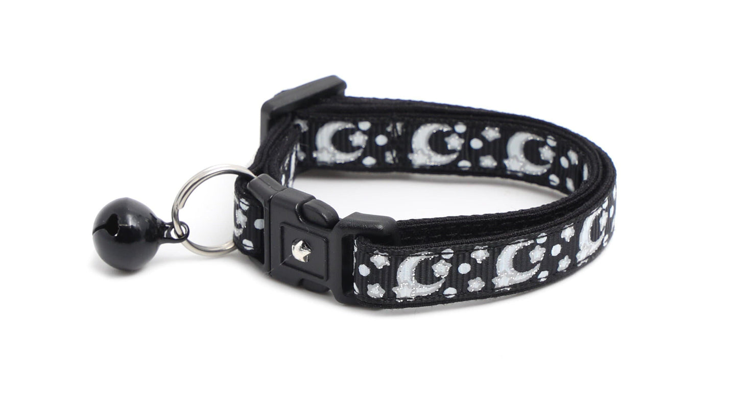 Silver Moons and Stars on Black Cat Collar