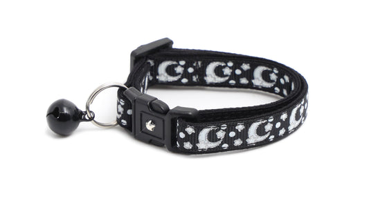 Silver Moons and Stars on Black Cat Collar