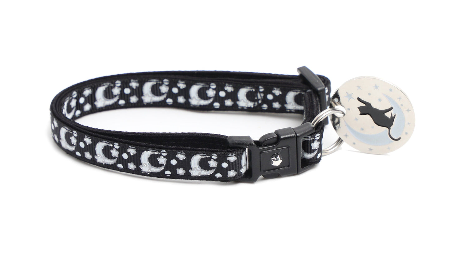 Silver Moons and Stars on Black Cat Collar