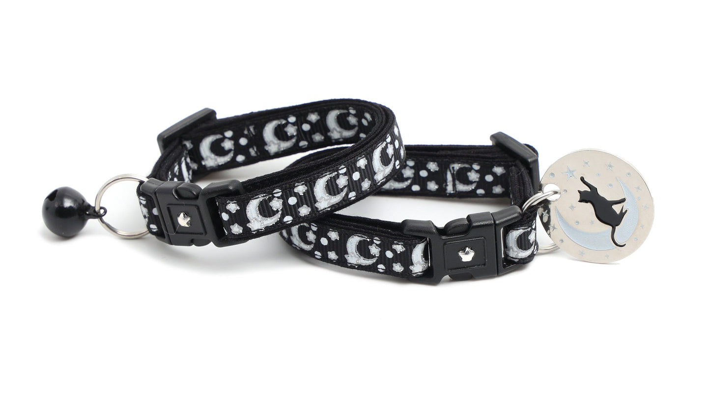 Silver Moons and Stars on Black Cat Collar