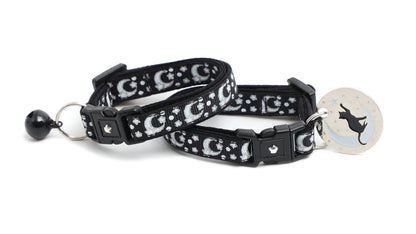 Silver Moons and Stars on Black Cat Collar
