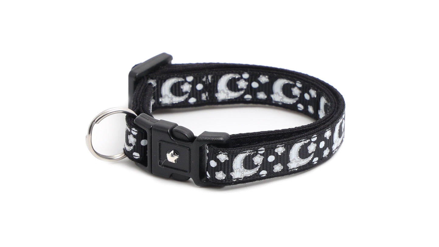 Silver Moons and Stars on Black Cat Collar