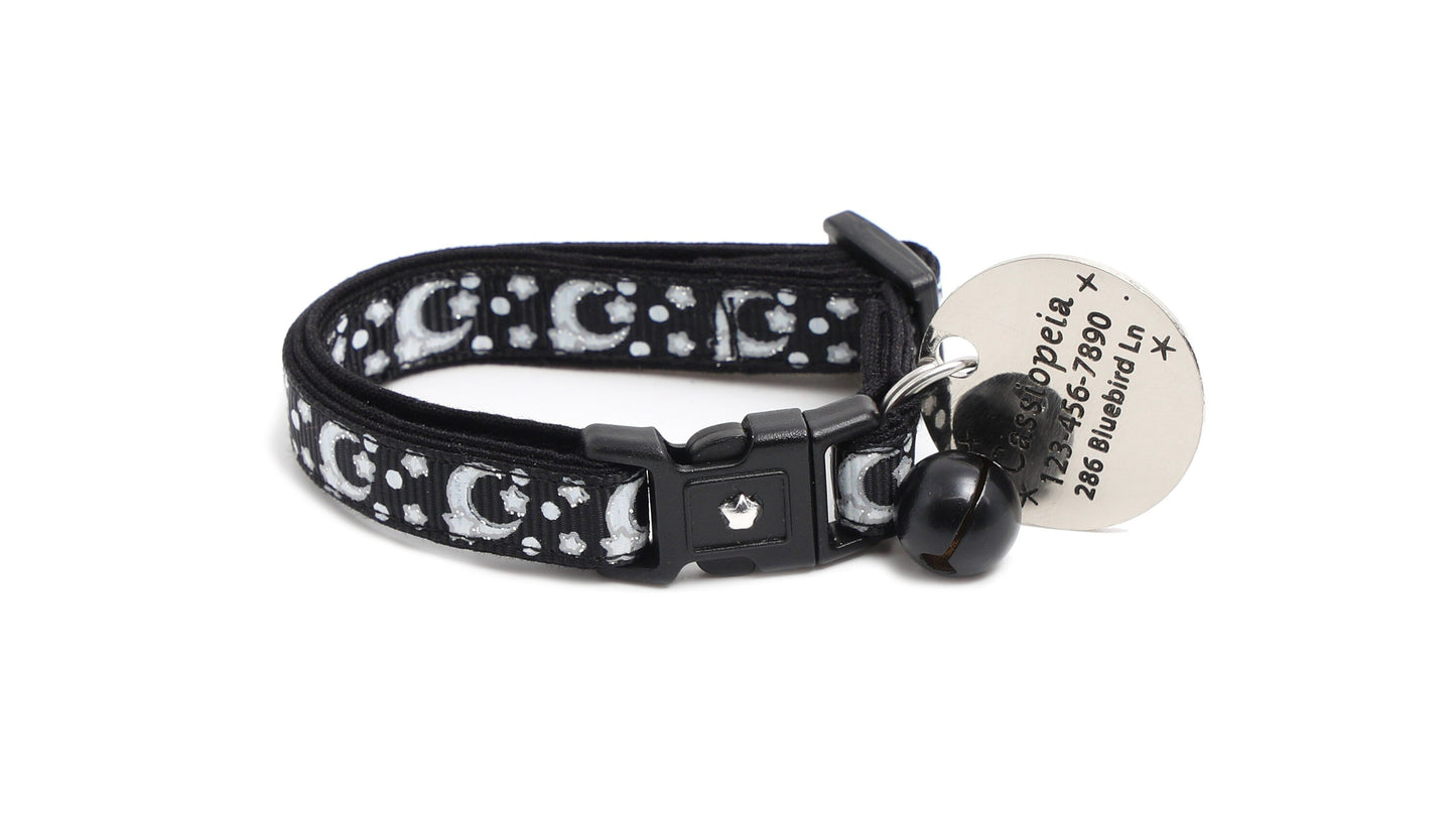 Silver Moons and Stars on Black Cat Collar